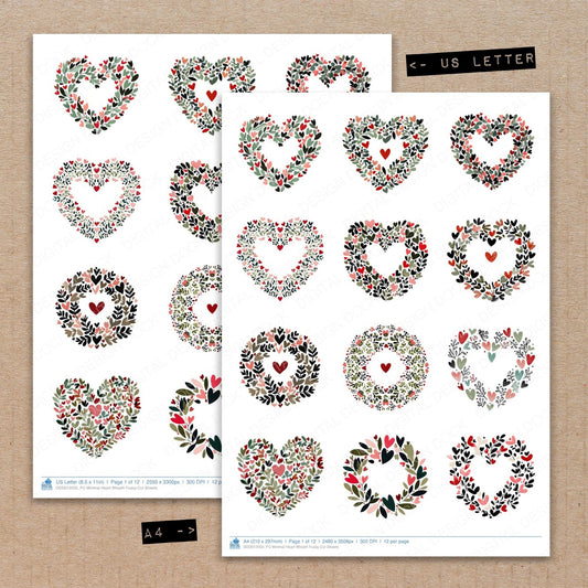A4 and US Letter format comparison showing Minimal Heart Wreath fussy cut pages for print and cut crafting