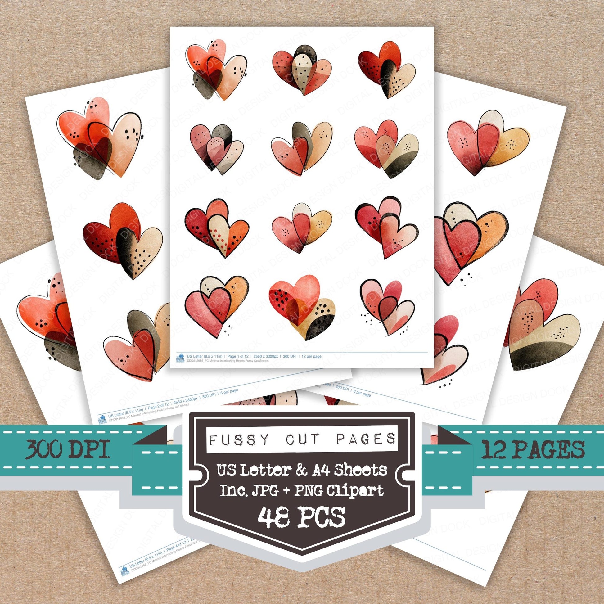 Minimal Interlocking Hearts fussy cut printable sheets for junk journaling, scrapbooking, and paper craft projects