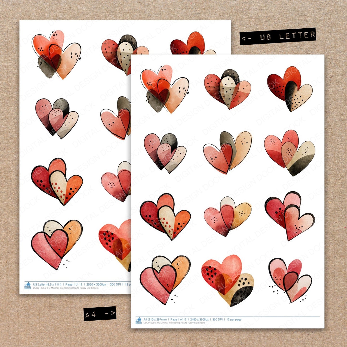 A4 and US Letter format comparison showing Minimal Interlocking Hearts fussy cut pages for print and cut crafting