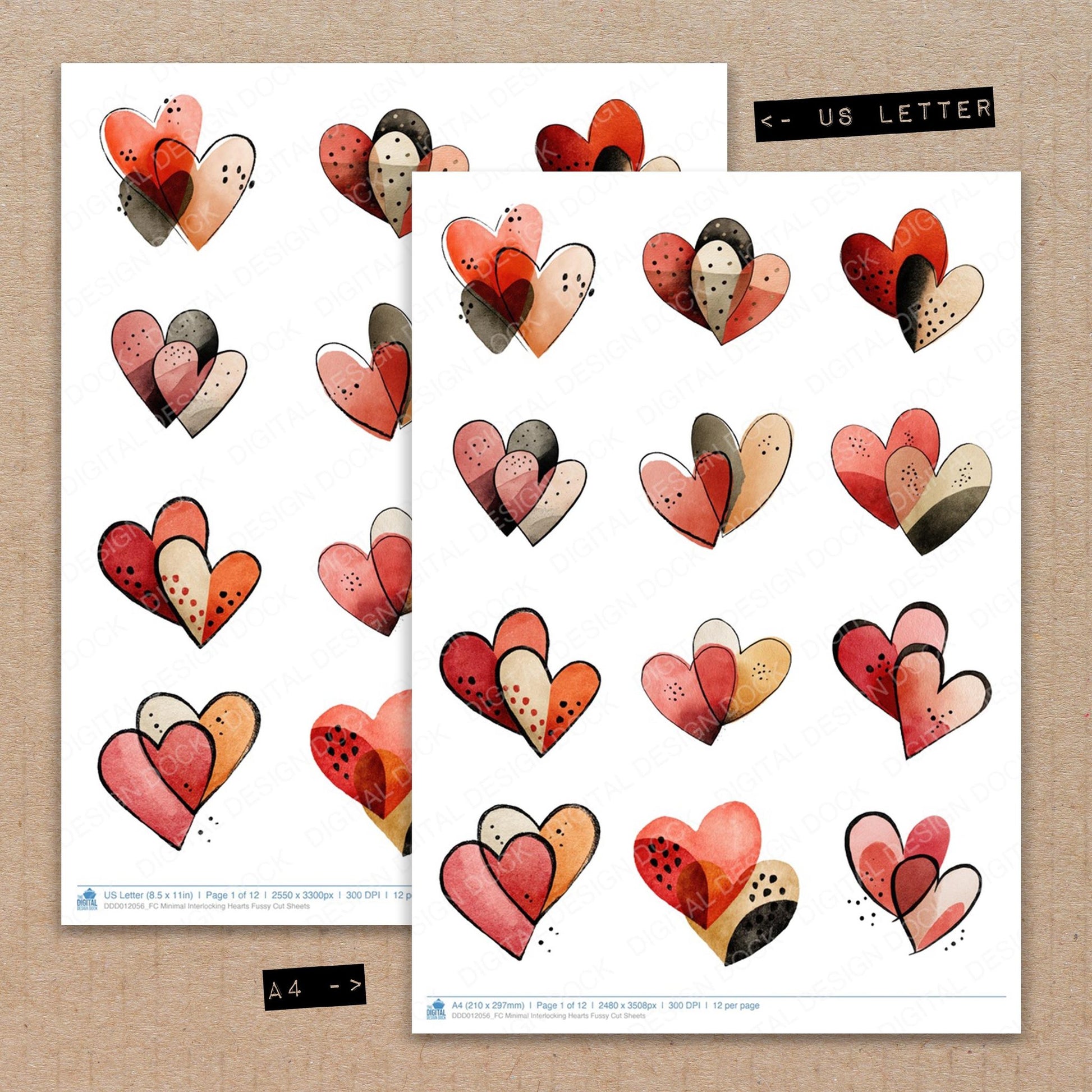 A4 and US Letter format comparison showing Minimal Interlocking Hearts fussy cut pages for print and cut crafting