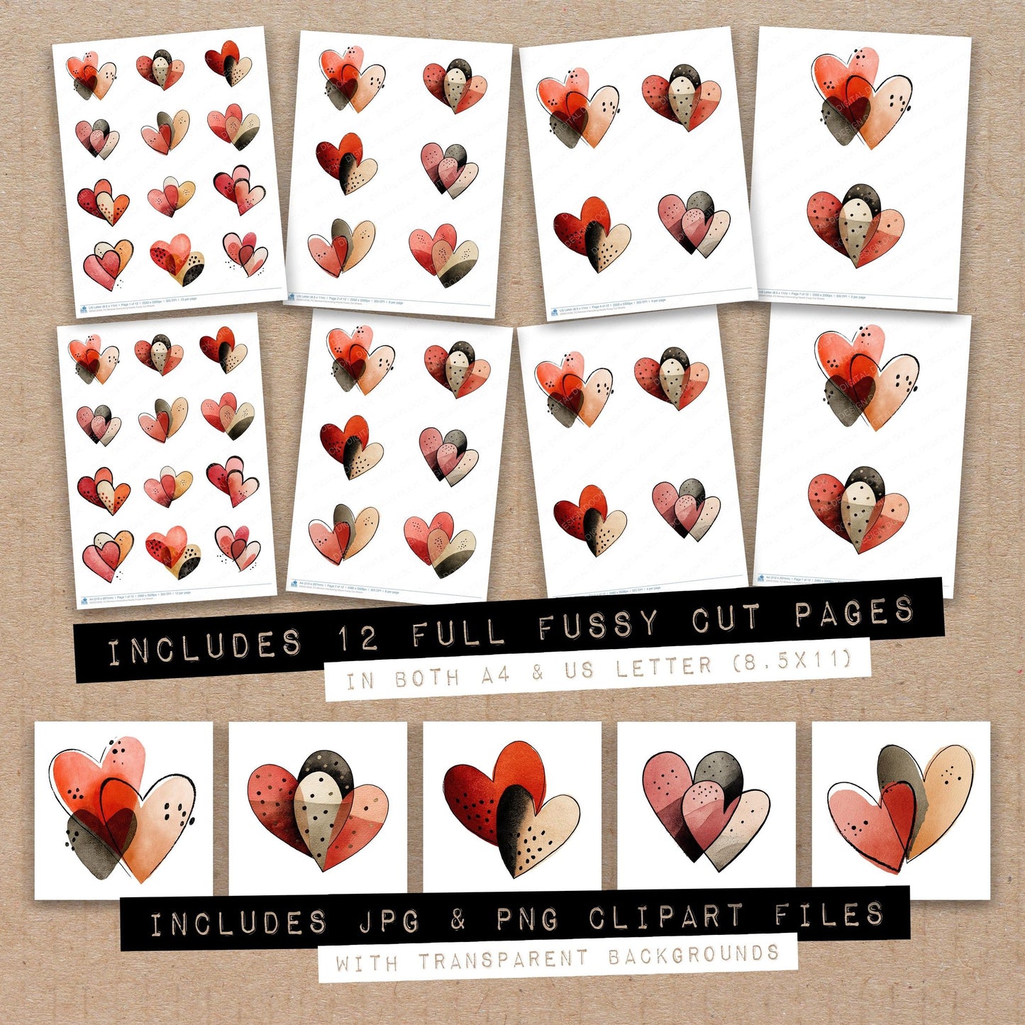 Full collection view of Minimal Interlocking Hearts fussy cut sheets with bonus clipart JPG and PNG files