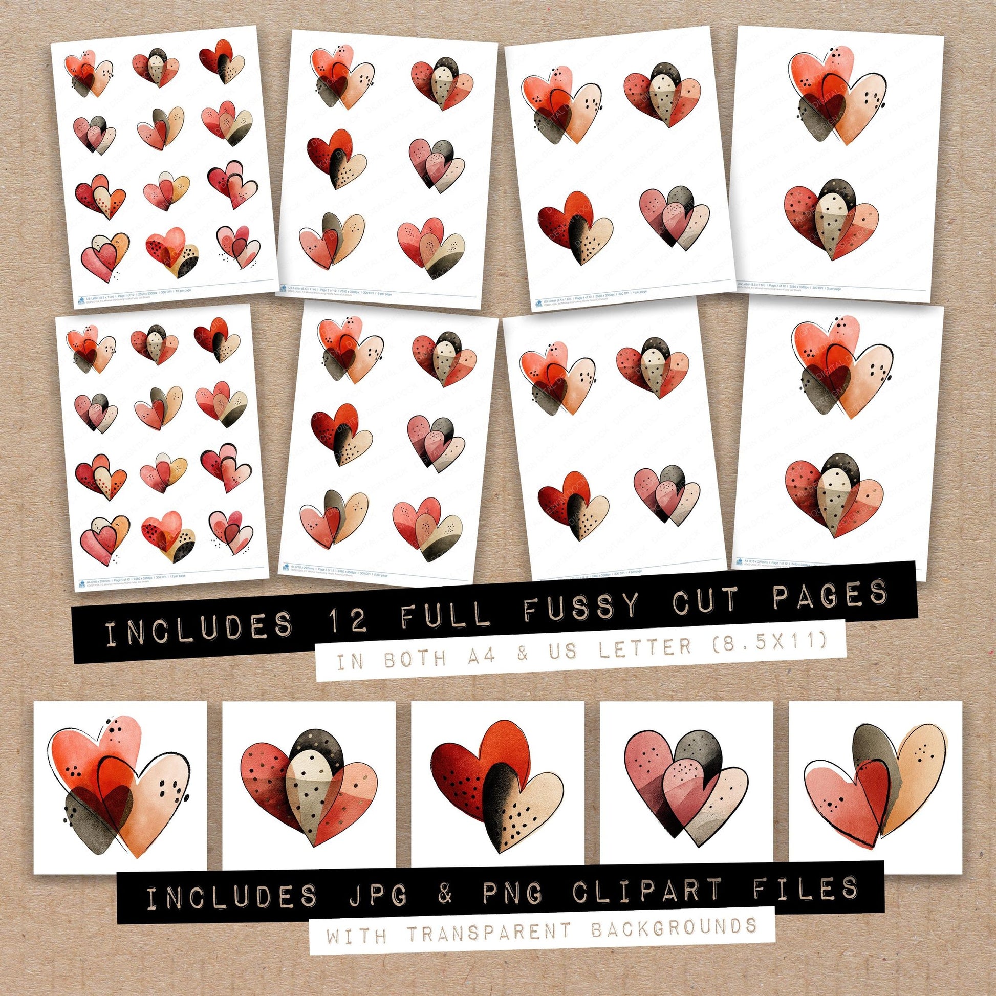 Full collection view of Minimal Interlocking Hearts fussy cut sheets with bonus clipart JPG and PNG files