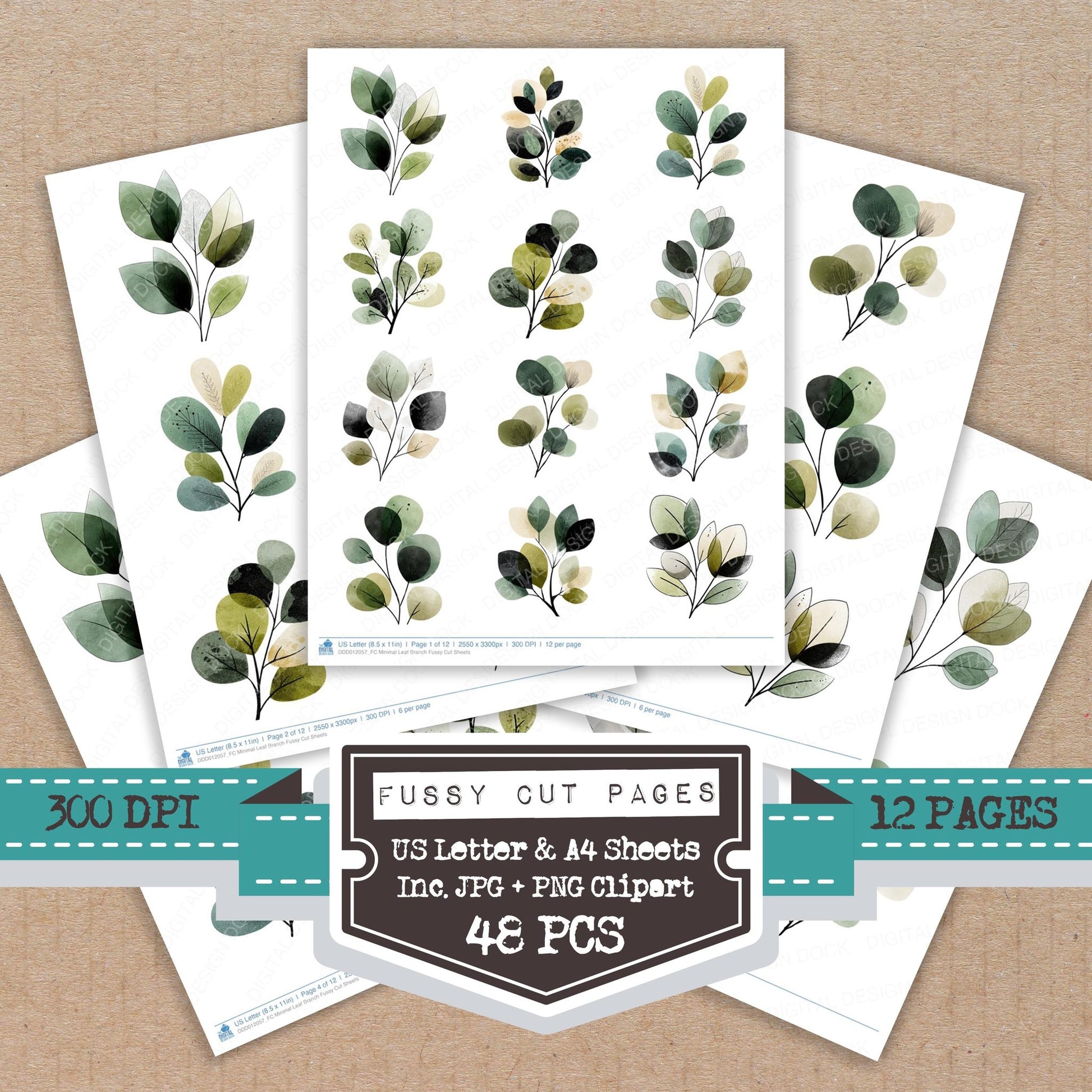 Minimal Leaf Branch fussy cut printable sheets for junk journaling, scrapbooking, and paper craft projects
