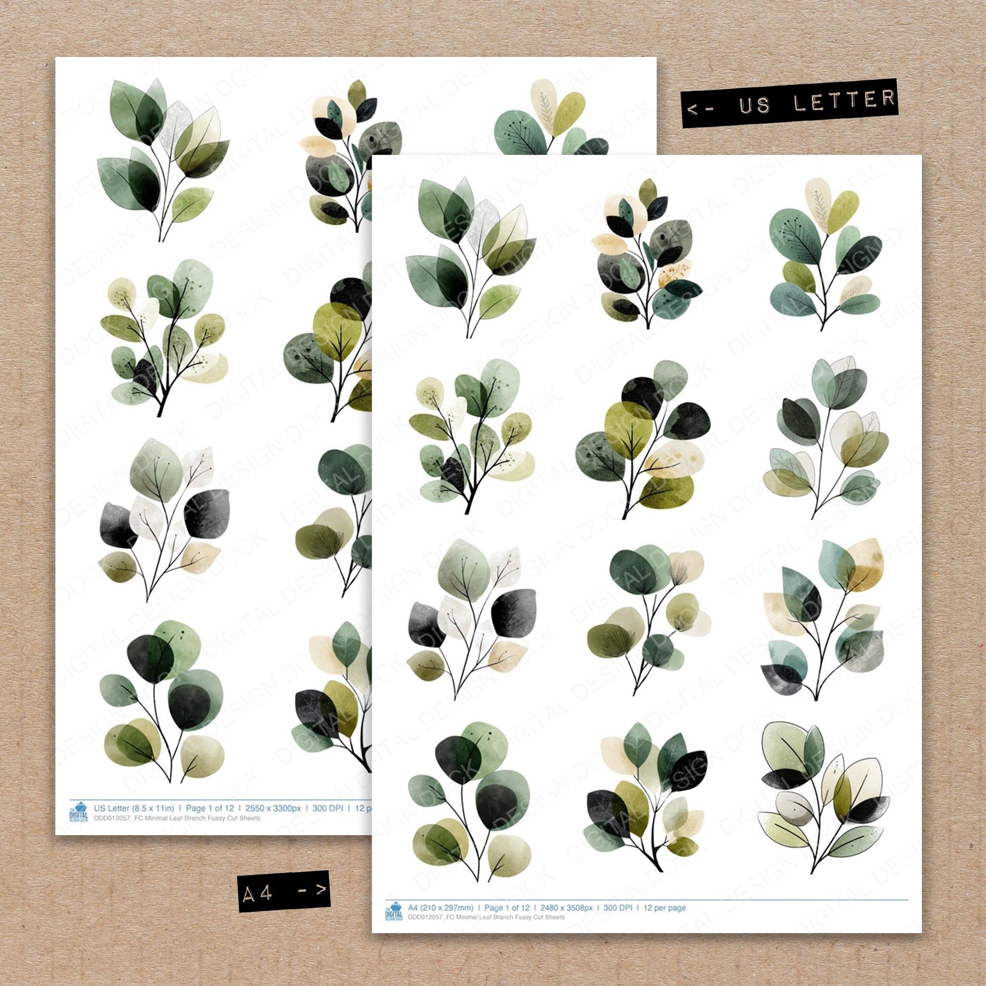A4 and US Letter format comparison showing Minimal Leaf Branch fussy cut pages for print and cut crafting