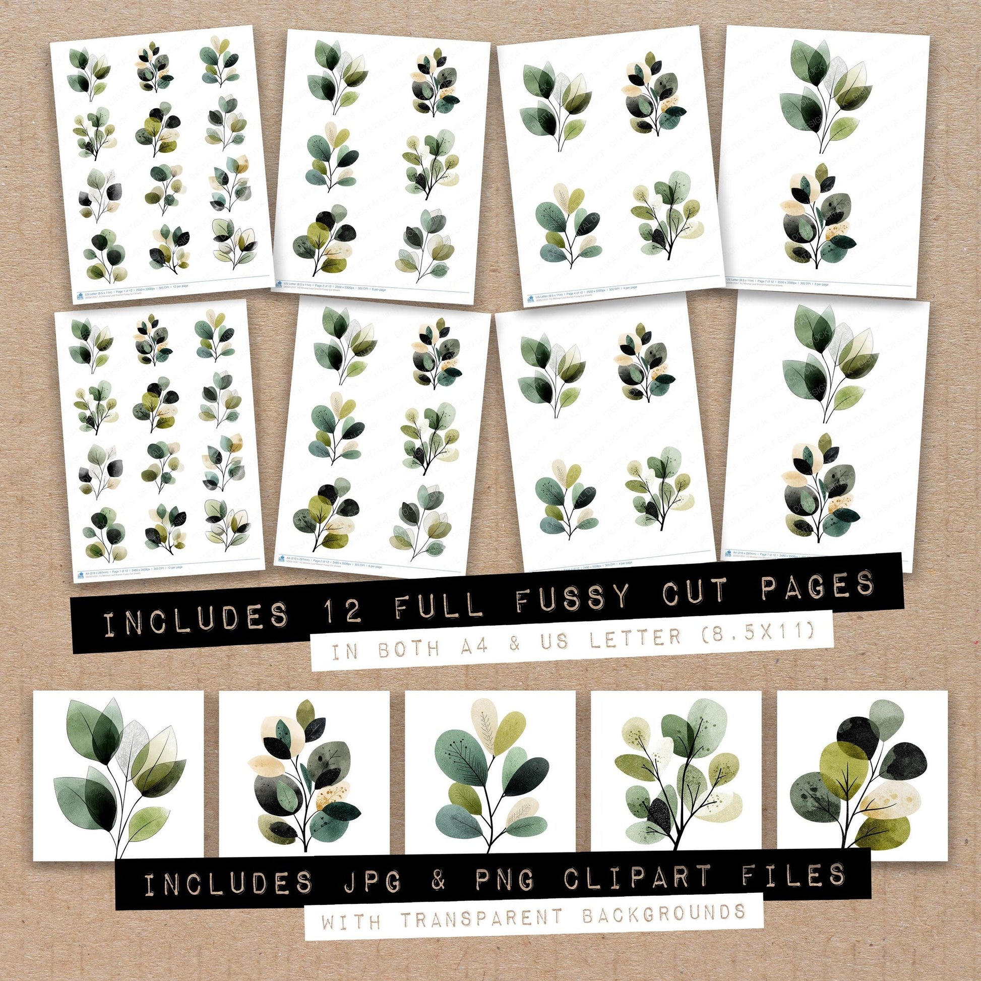 Full collection view of Minimal Leaf Branch fussy cut sheets with bonus clipart JPG and PNG files