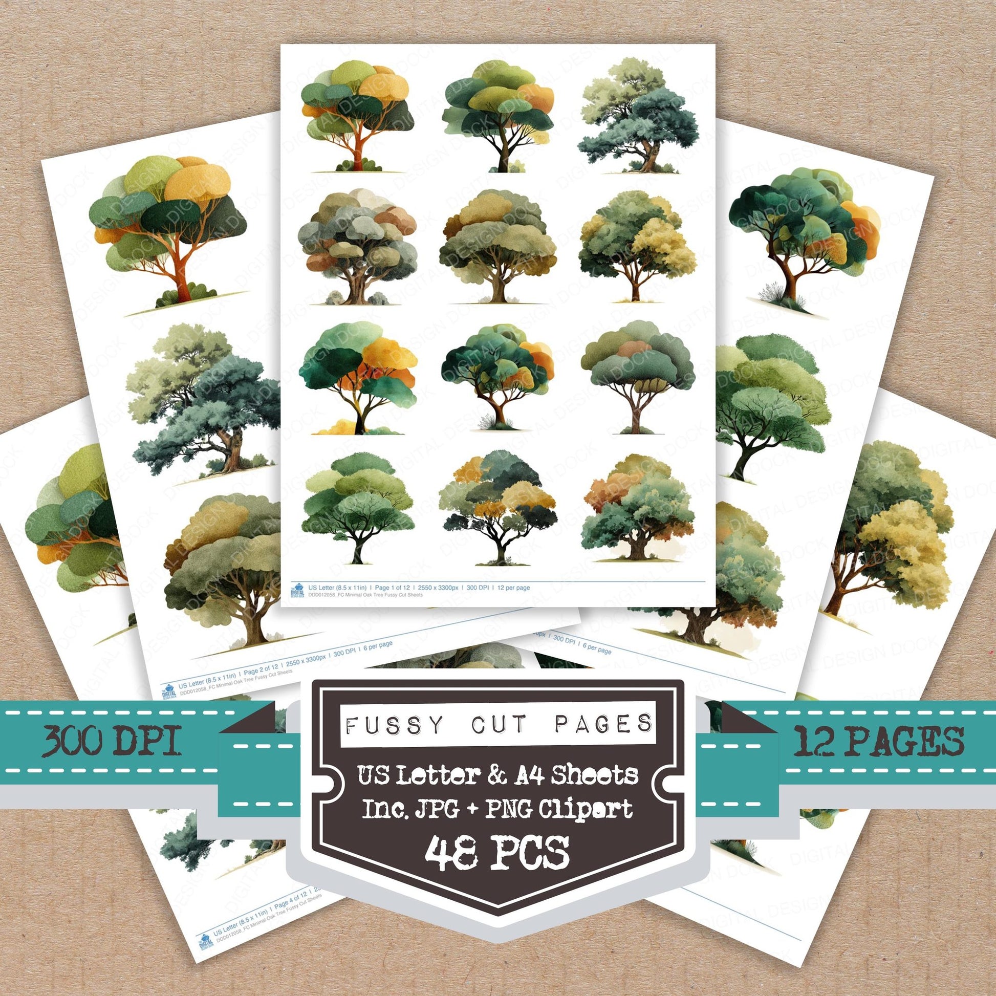 Minimal Oak Tree fussy cut printable sheets for junk journaling, scrapbooking, and paper craft projects