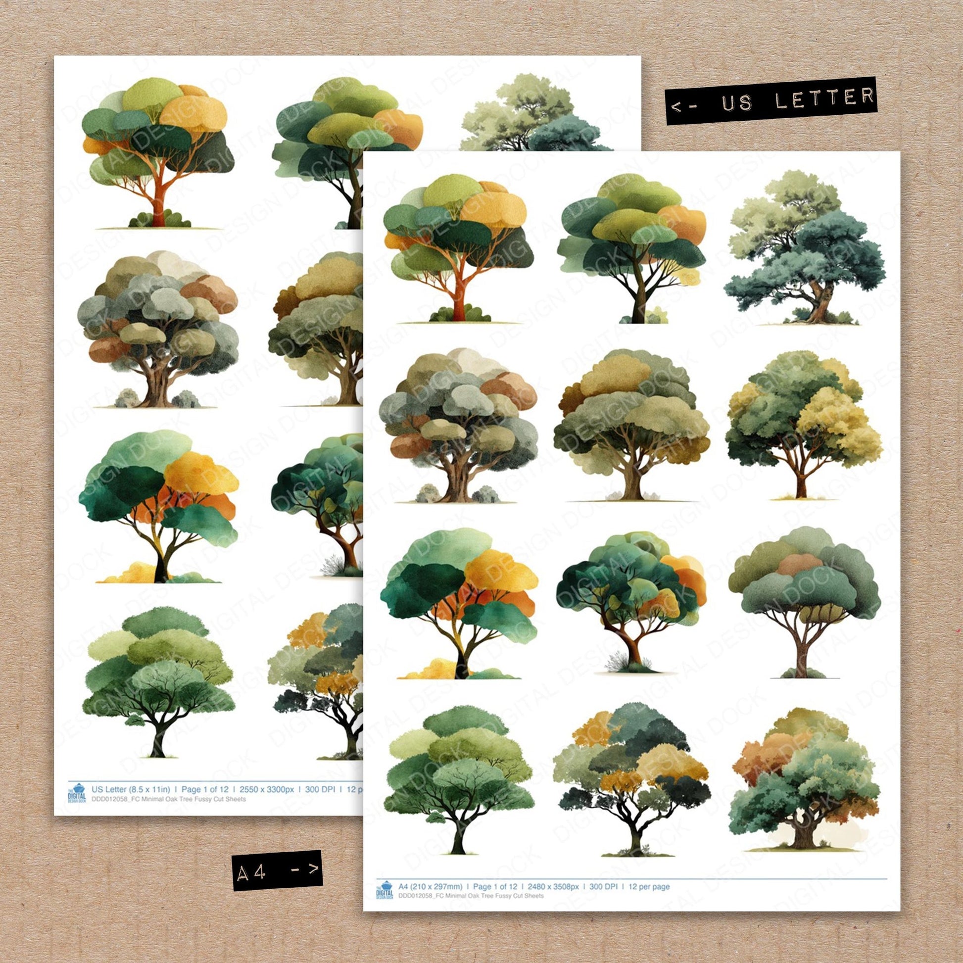 A4 and US Letter format comparison showing Minimal Oak Tree fussy cut pages for print and cut crafting
