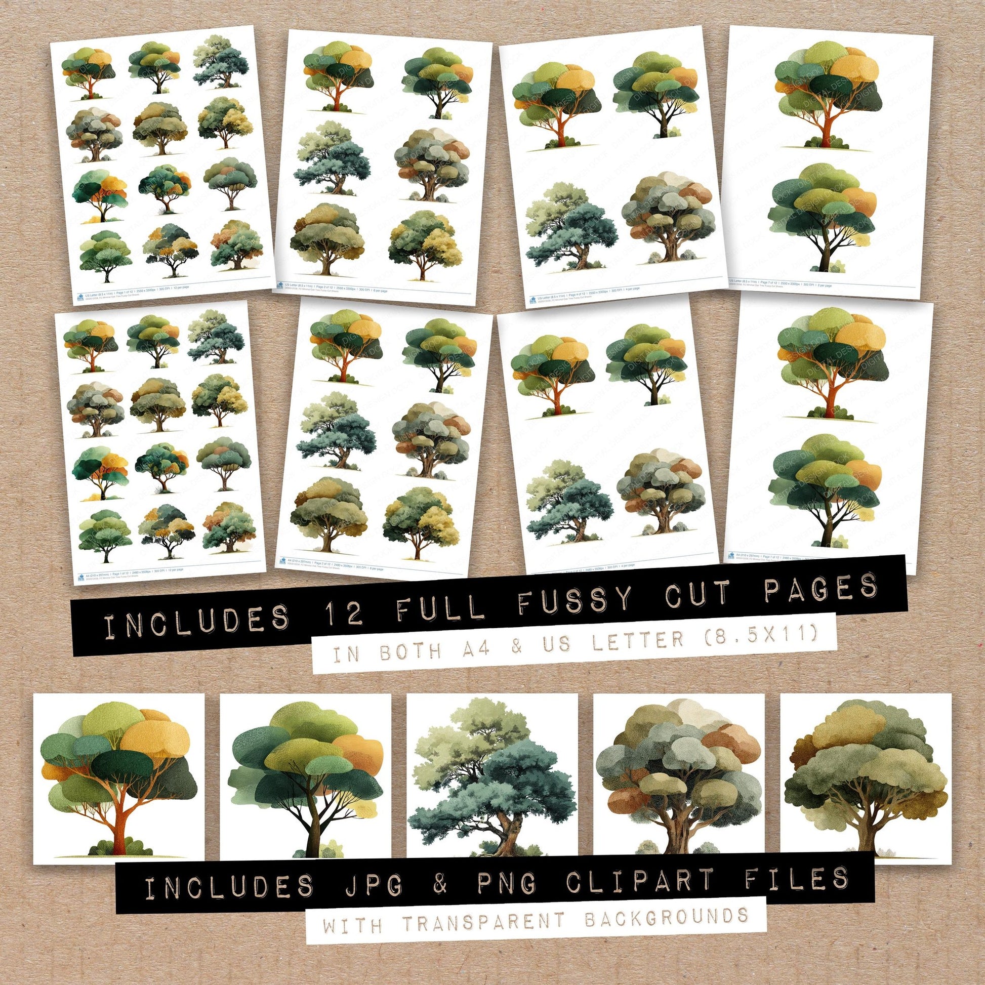 Full collection view of Minimal Oak Tree fussy cut sheets with bonus clipart JPG and PNG files