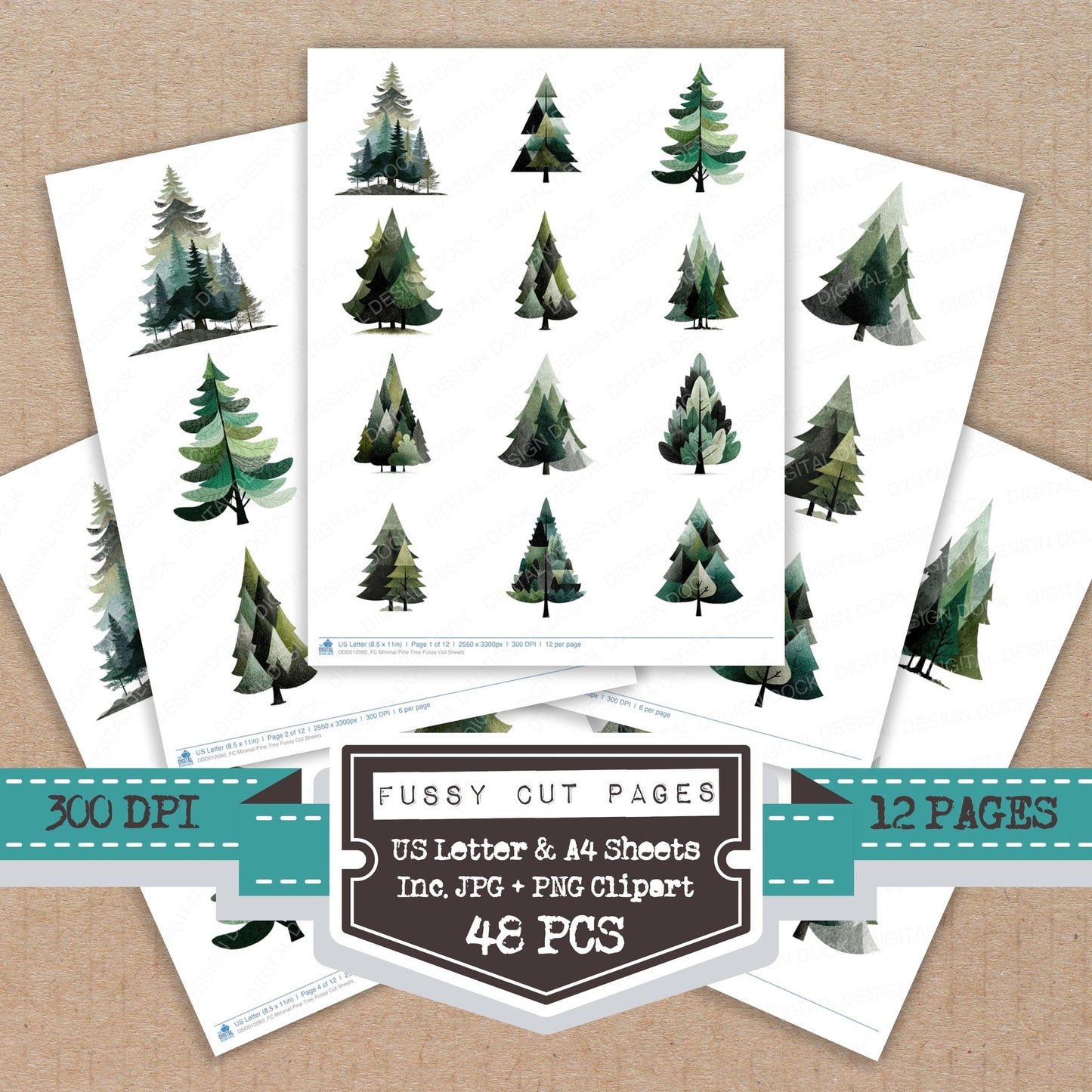 Minimal Pine Tree fussy cut printable sheets for junk journaling, scrapbooking, and paper craft projects