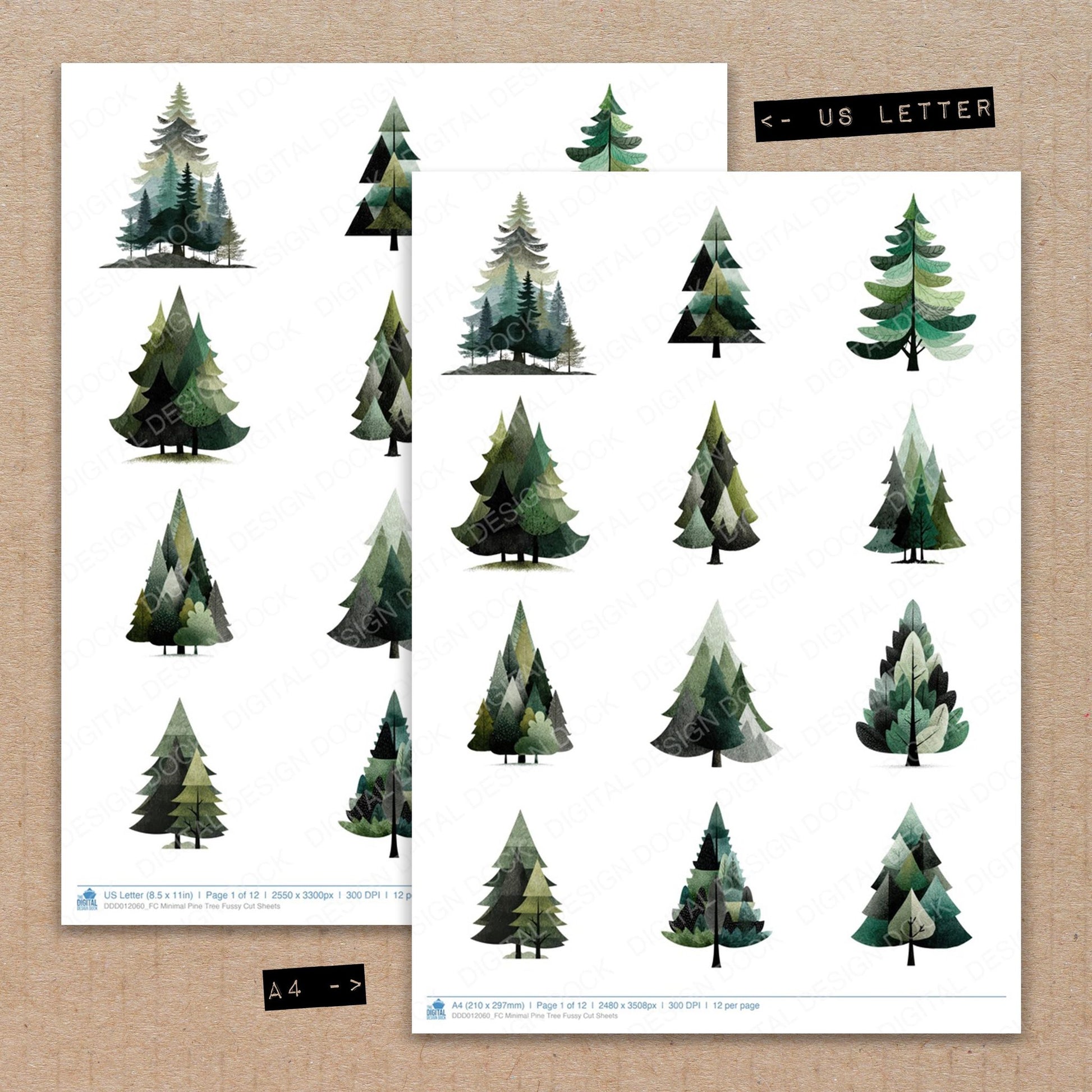 A4 and US Letter format comparison showing Minimal Pine Tree fussy cut pages for print and cut crafting