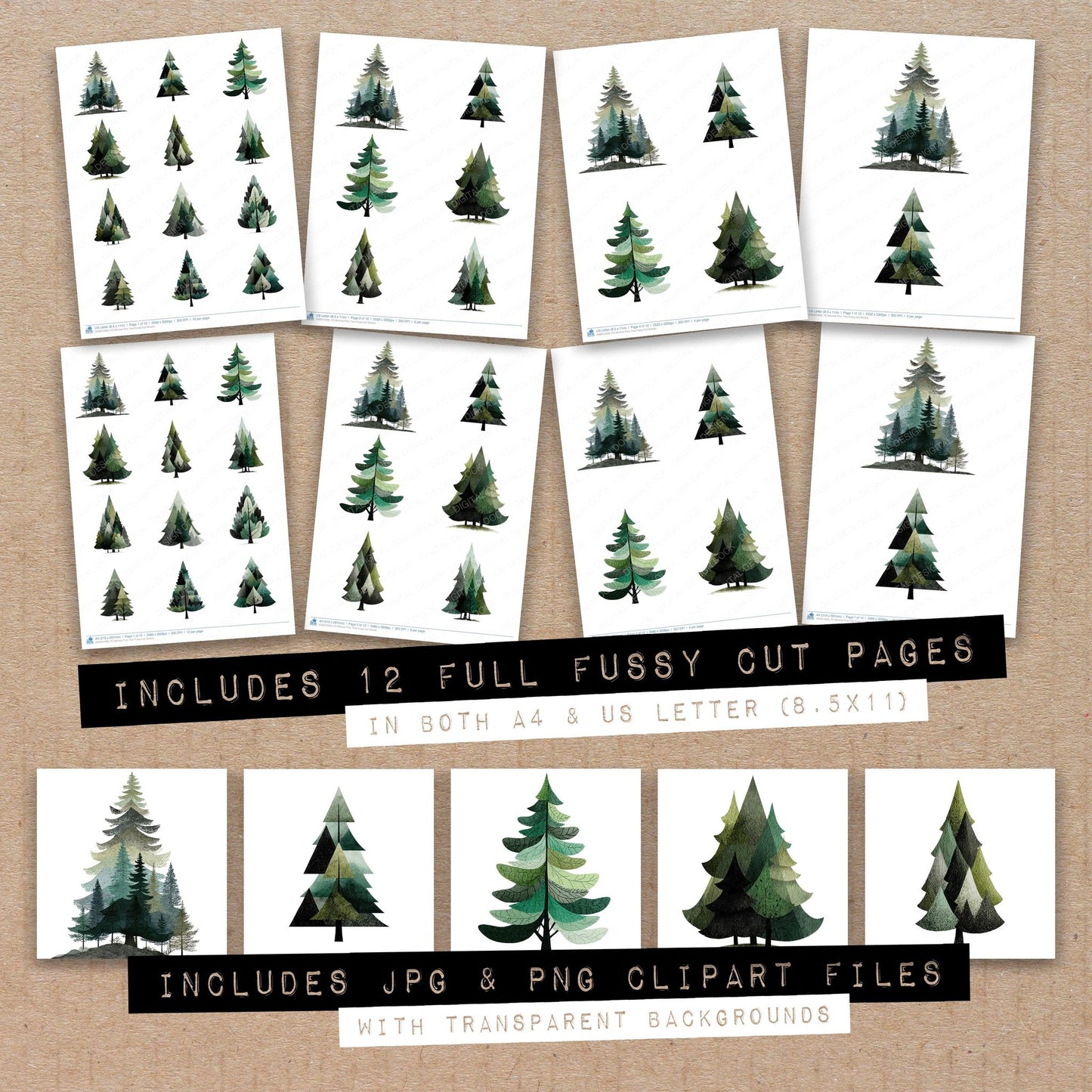 Full collection view of Minimal Pine Tree fussy cut sheets with bonus clipart JPG and PNG files