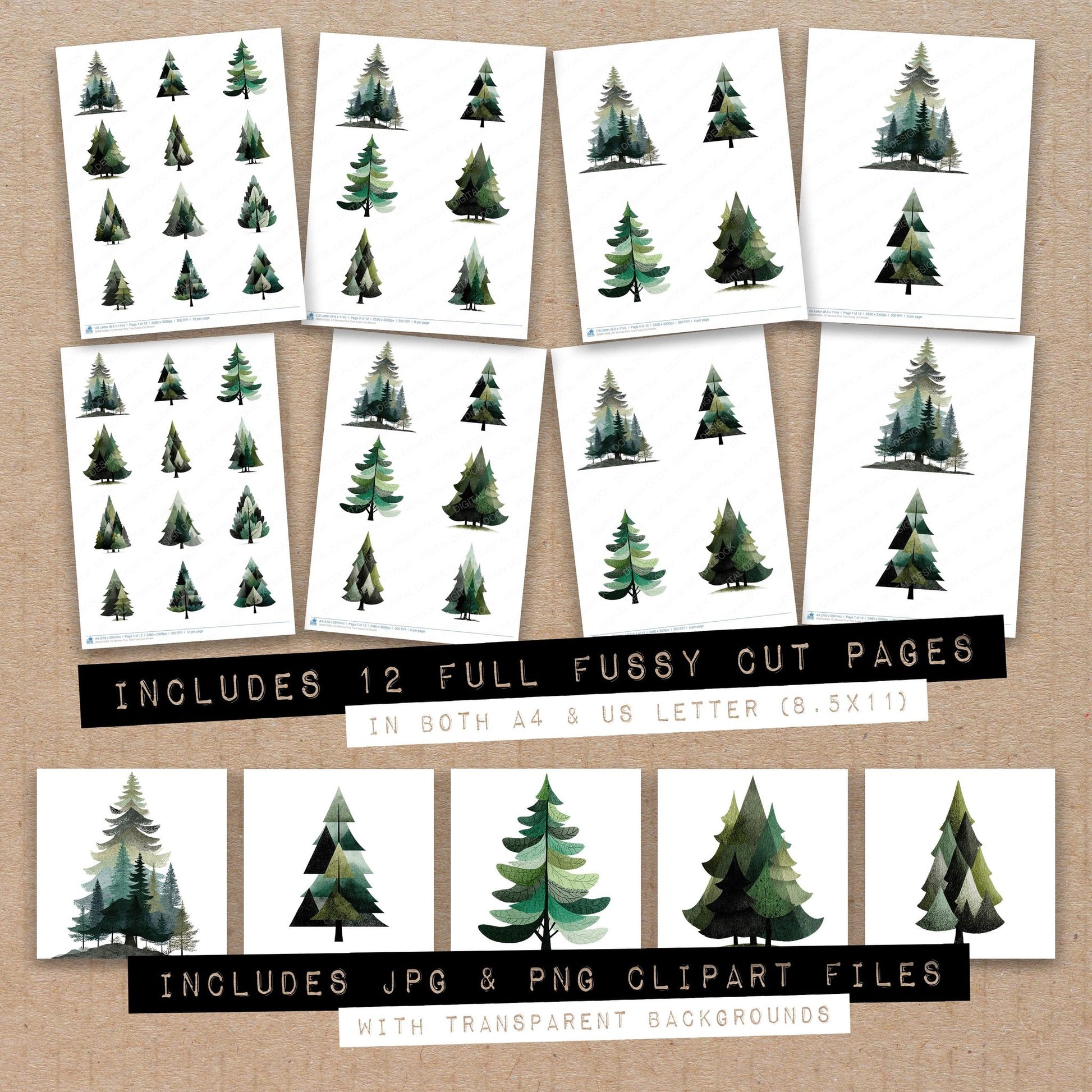 Full collection view of Minimal Pine Tree fussy cut sheets with bonus clipart JPG and PNG files