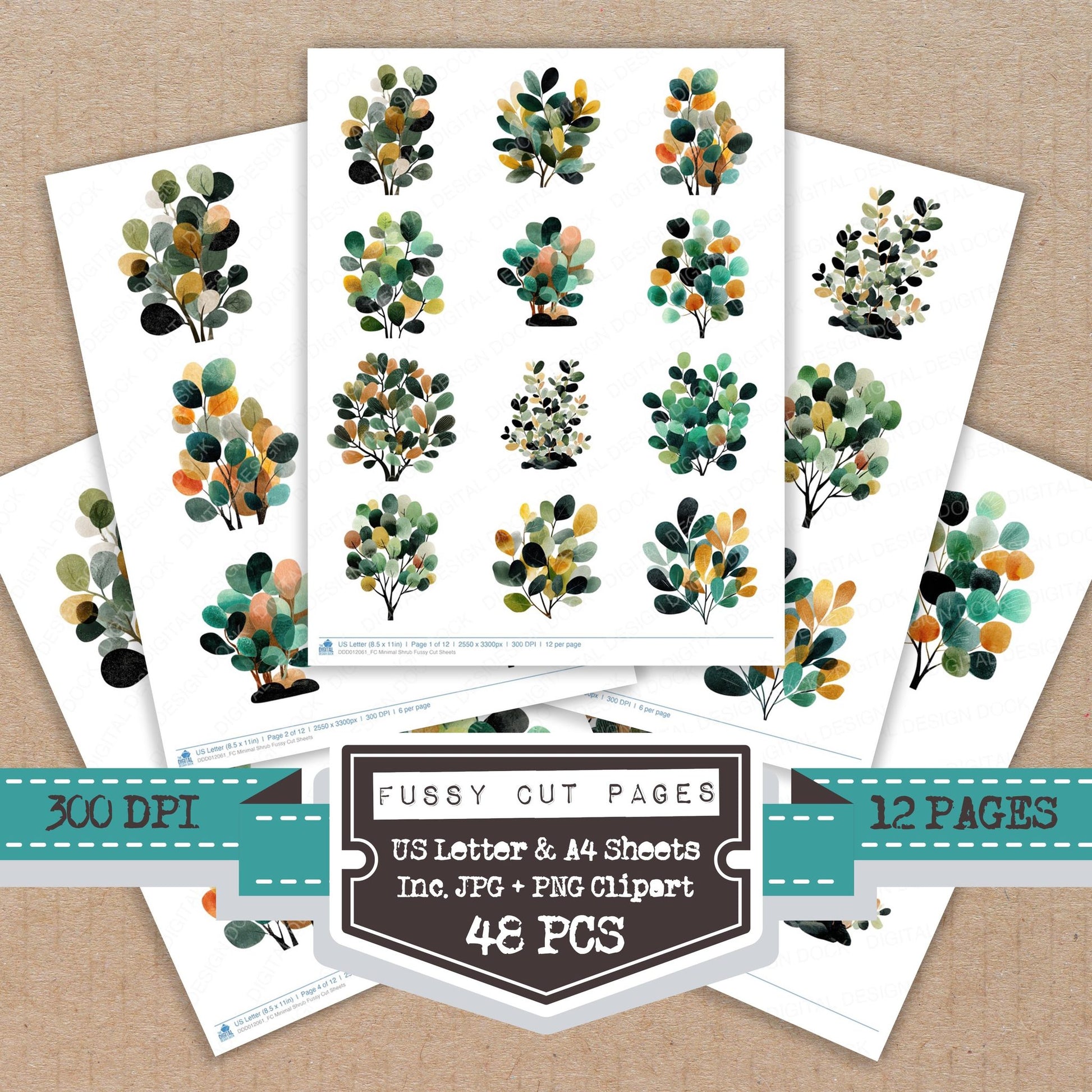 Minimal Shrub fussy cut printable sheets for junk journaling, scrapbooking, and paper craft projects
