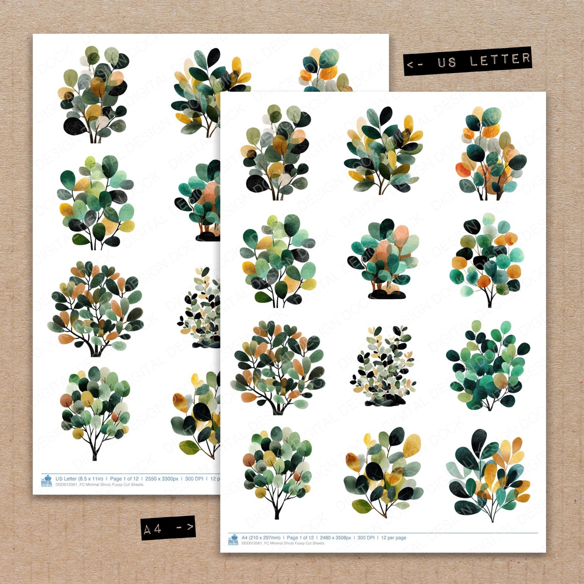 A4 and US Letter format comparison showing Minimal Shrub fussy cut pages for print and cut crafting