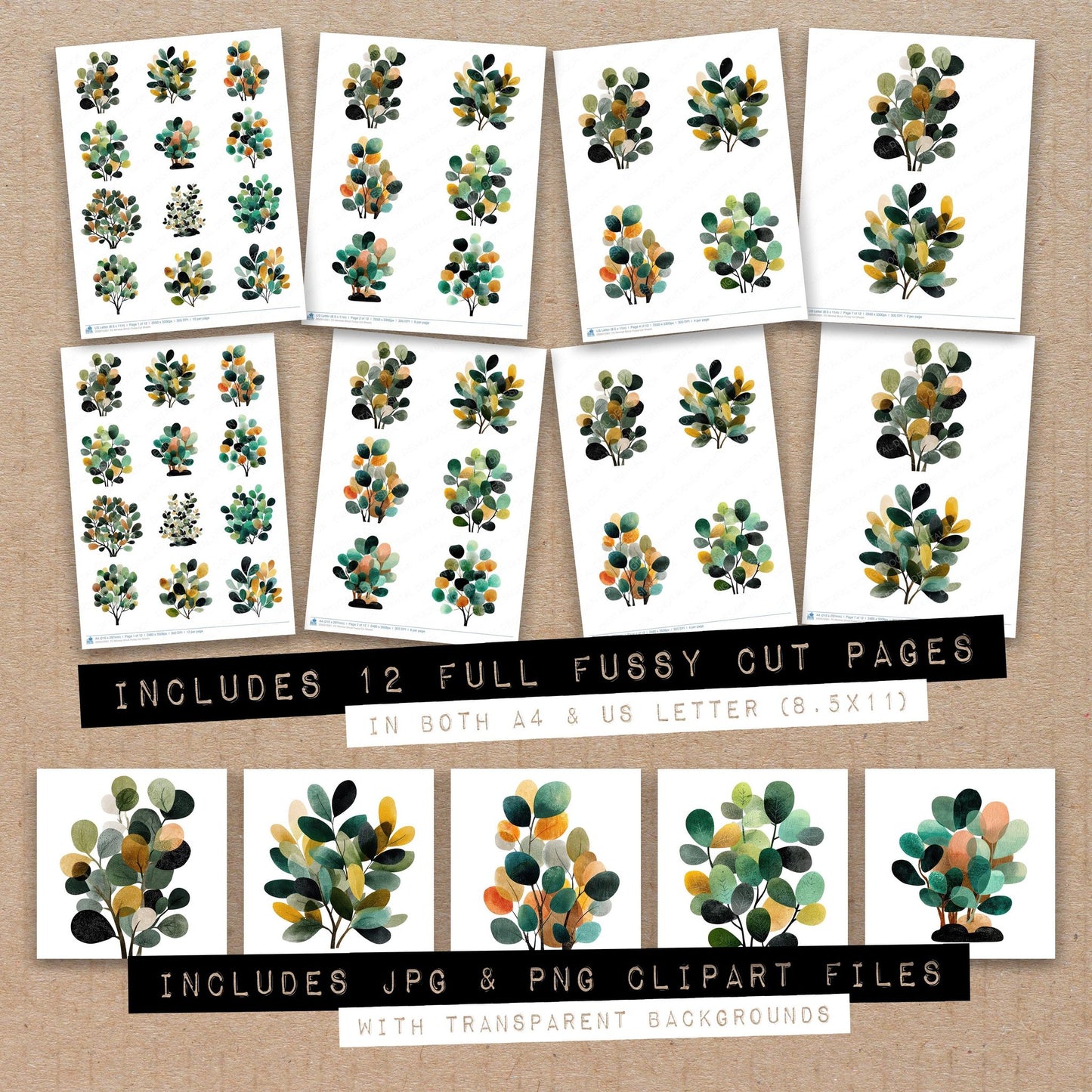 Full collection view of Minimal Shrub fussy cut sheets with bonus clipart JPG and PNG files