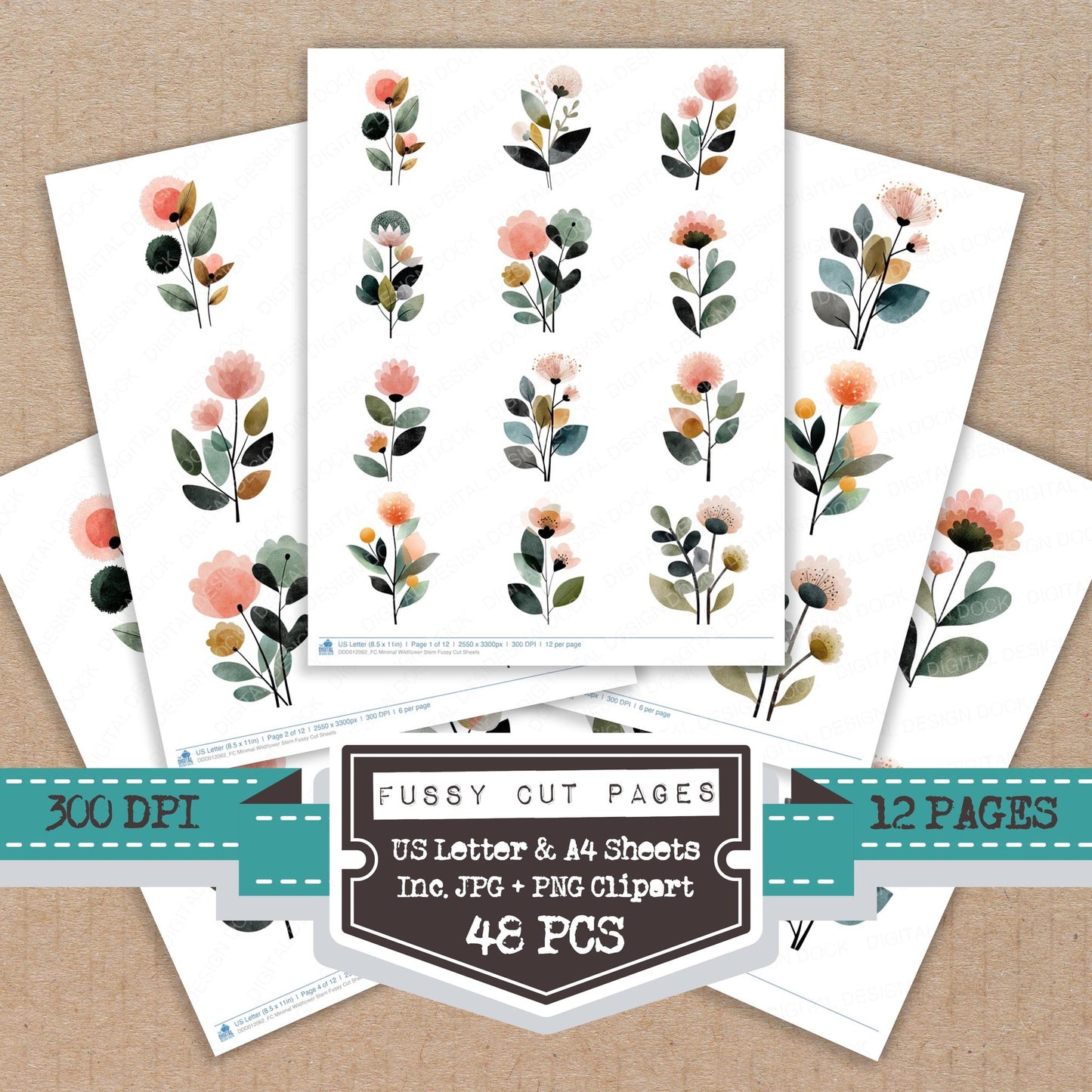 Minimal Wildflower Stem fussy cut printable sheets for junk journaling, scrapbooking, and paper craft projects