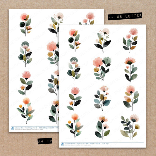 A4 and US Letter format comparison showing Minimal Wildflower Stem fussy cut pages for print and cut crafting