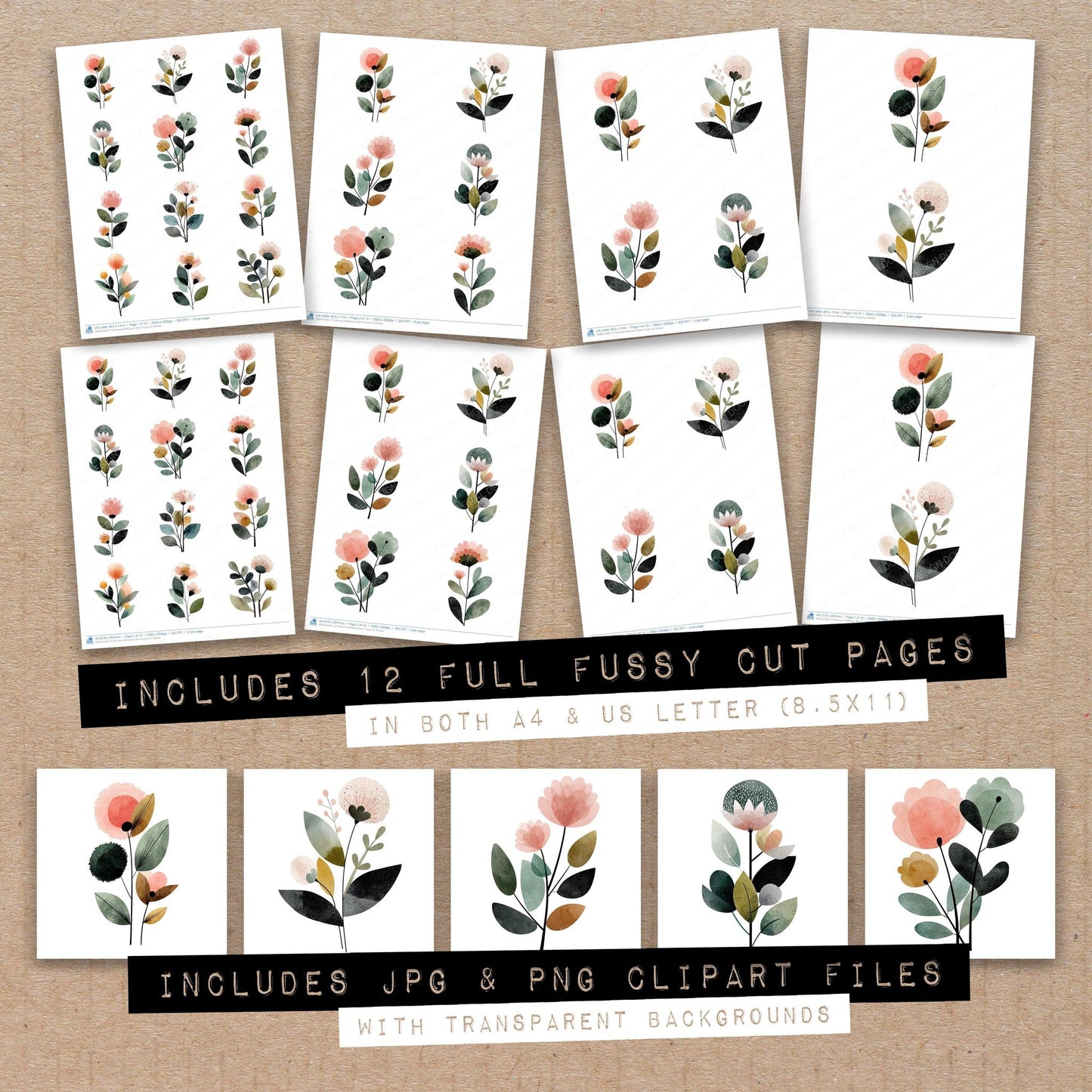 Full collection view of Minimal Wildflower Stem fussy cut sheets with bonus clipart JPG and PNG files