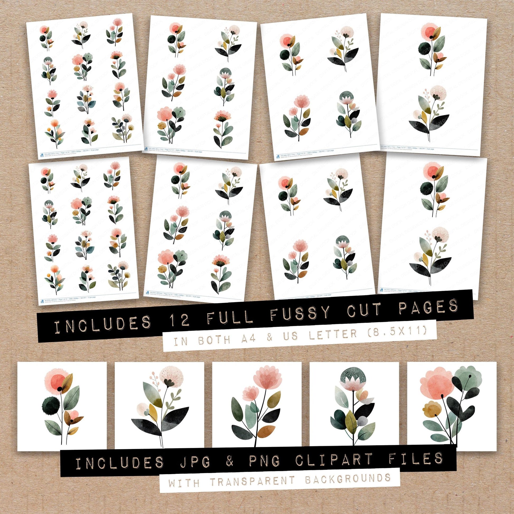 Full collection view of Minimal Wildflower Stem fussy cut sheets with bonus clipart JPG and PNG files