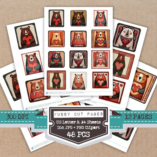 Bear Heart Square Badge fussy cut printable sheets for junk journaling, scrapbooking, and paper craft projects
