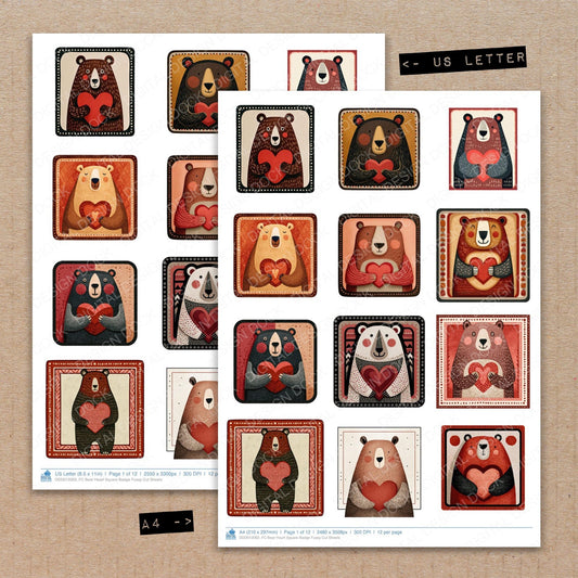 A4 and US Letter format comparison showing Bear Heart Square Badge fussy cut pages for print and cut crafting
