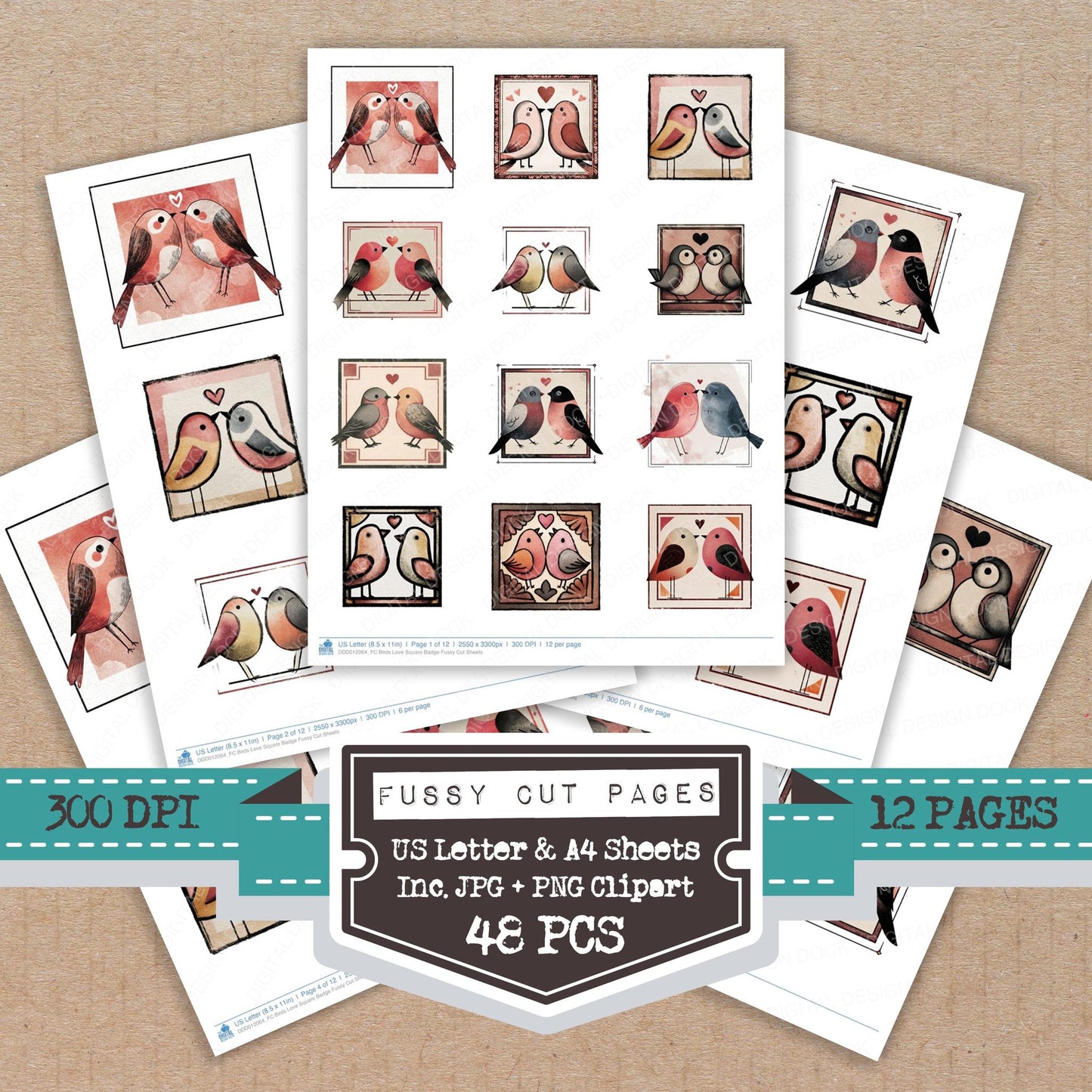 Birds Love Square Badge fussy cut printable sheets for junk journaling, scrapbooking, and paper craft projects