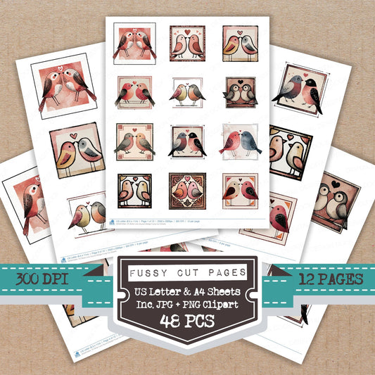 Birds Love Square Badge fussy cut printable sheets for junk journaling, scrapbooking, and paper craft projects