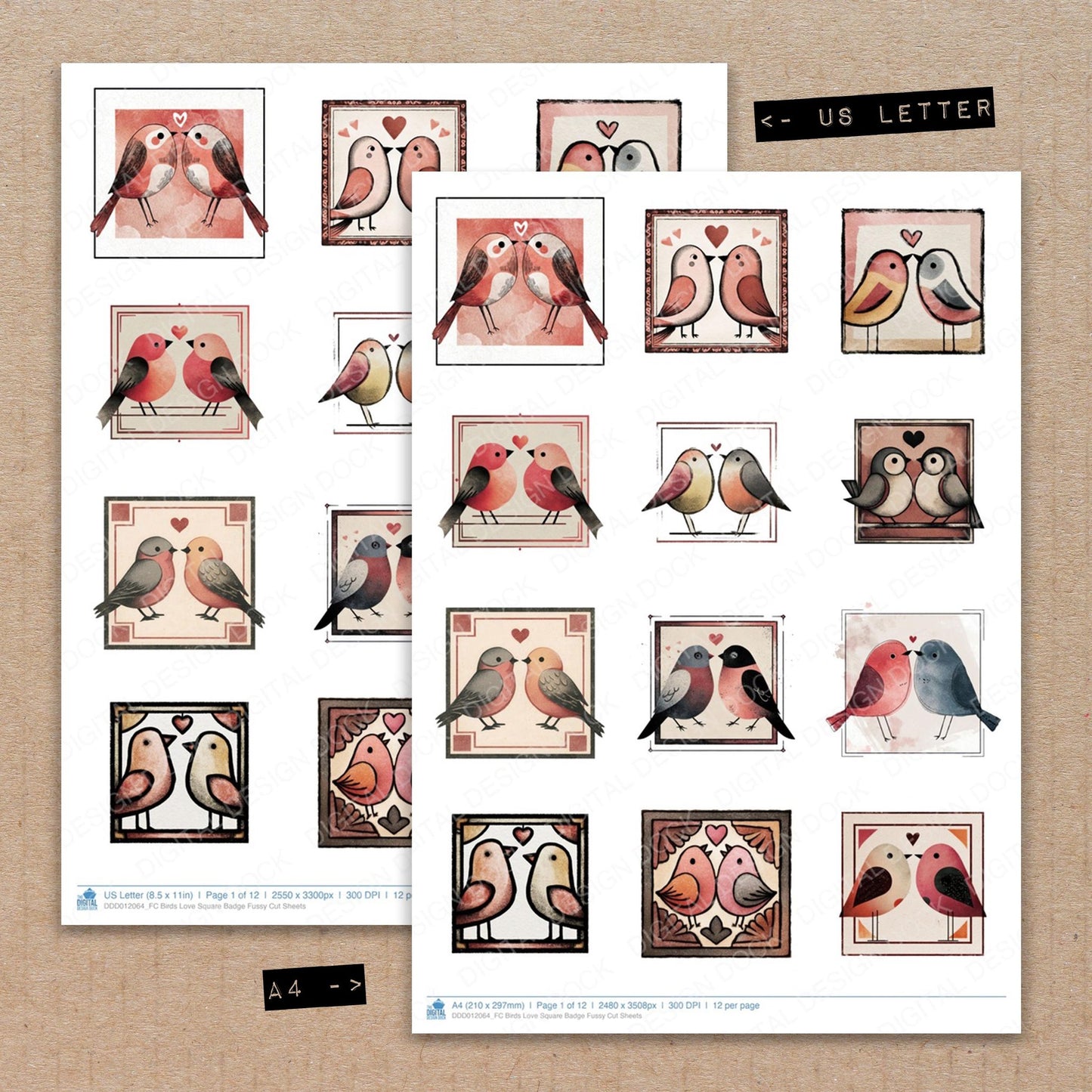 A4 and US Letter format comparison showing Birds Love Square Badge fussy cut pages for print and cut crafting