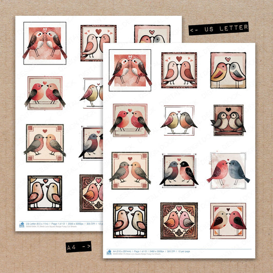 A4 and US Letter format comparison showing Birds Love Square Badge fussy cut pages for print and cut crafting