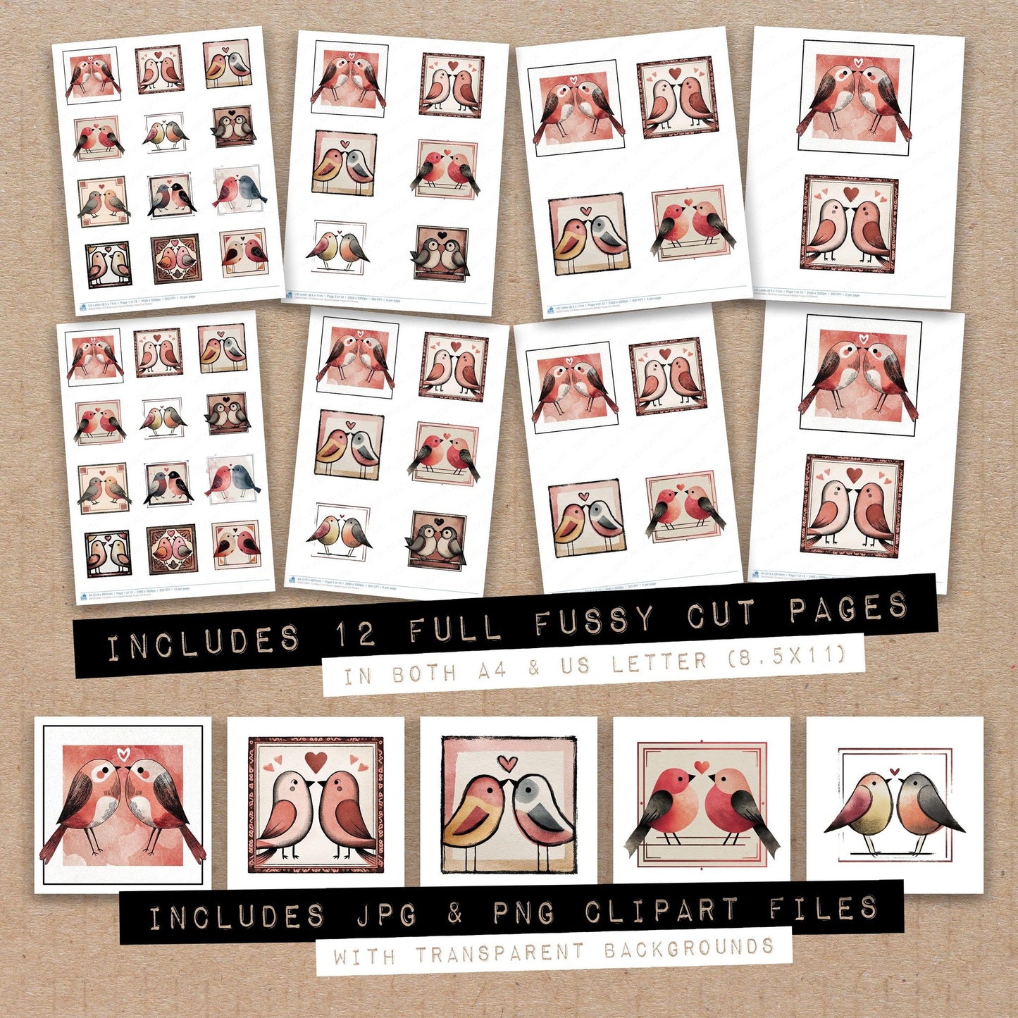 Full collection view of Birds Love Square Badge fussy cut sheets with bonus clipart JPG and PNG files