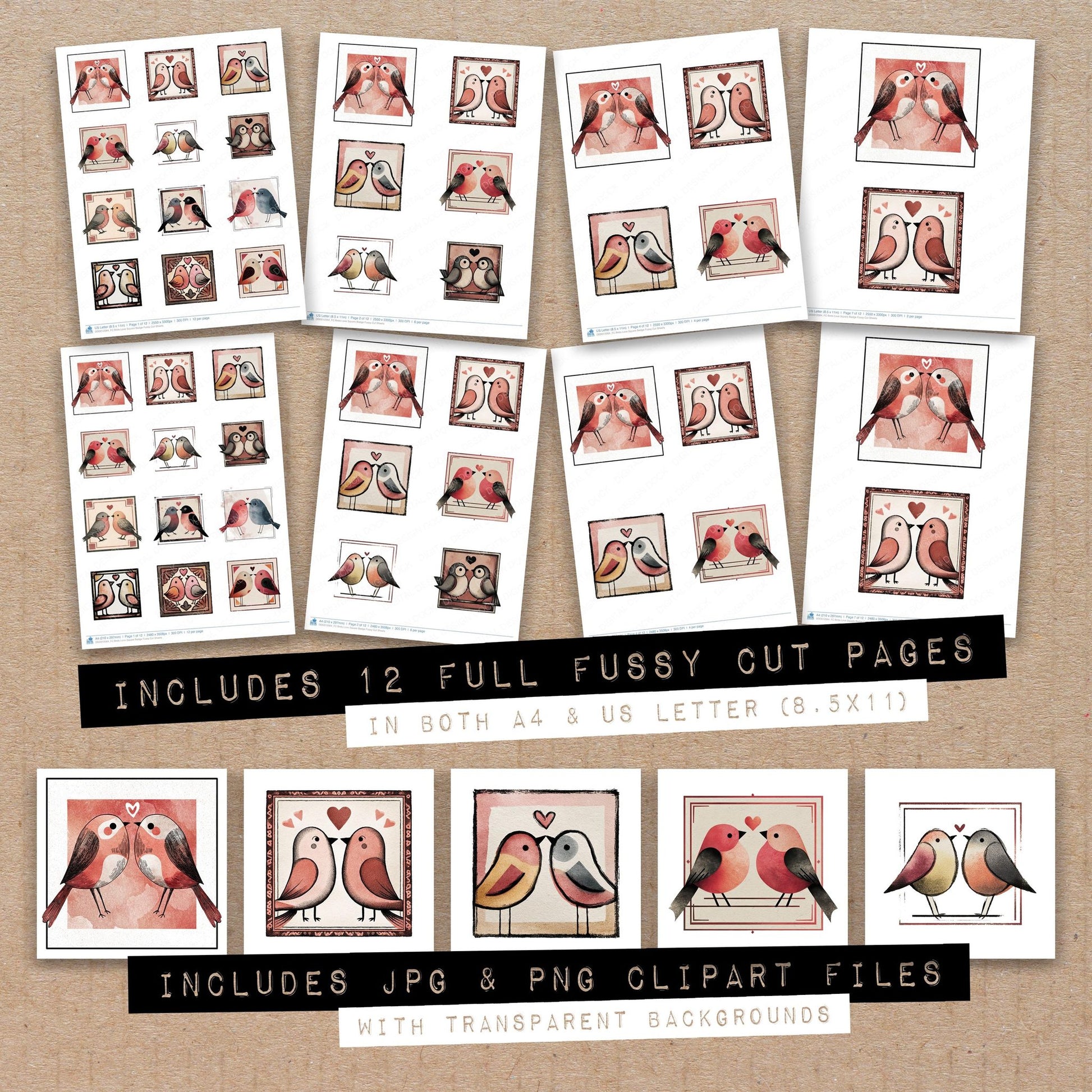 Full collection view of Birds Love Square Badge fussy cut sheets with bonus clipart JPG and PNG files