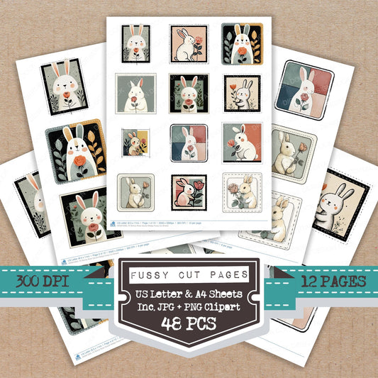 Bunny Rose Square Badge fussy cut printable sheets for junk journaling, scrapbooking, and paper craft projects