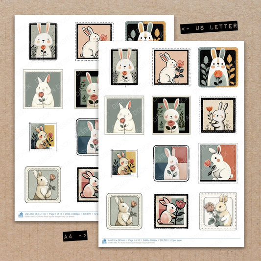 A4 and US Letter format comparison showing Bunny Rose Square Badge fussy cut pages for print and cut crafting