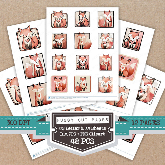 Fox Love Square Badge fussy cut printable sheets for junk journaling, scrapbooking, and paper craft projects
