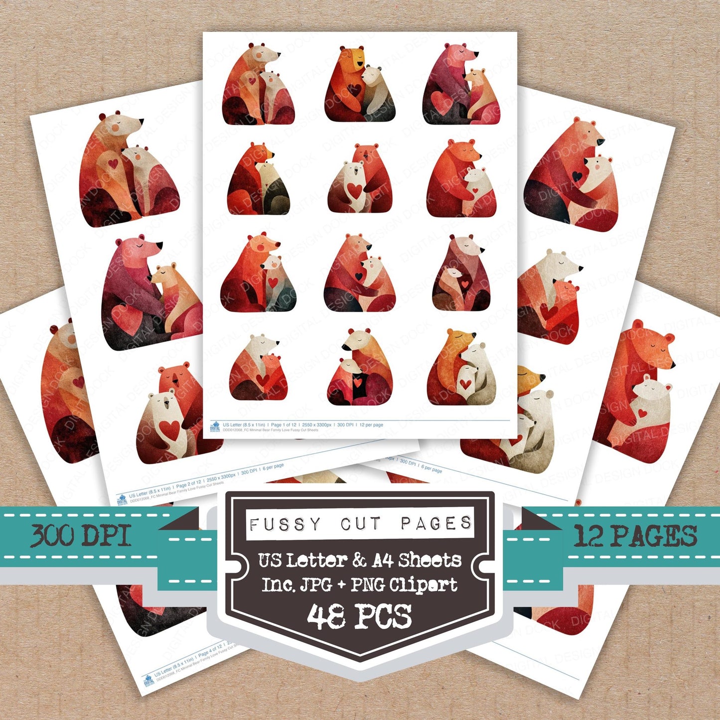 Minimal Bear Family Love fussy cut printable sheets for junk journaling, scrapbooking, and paper craft projects