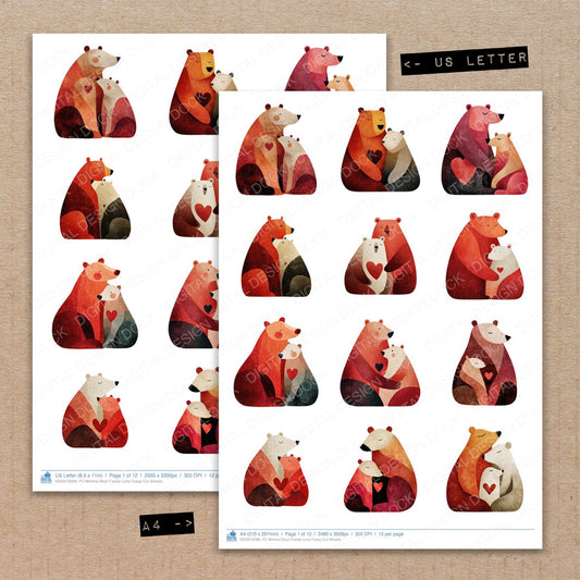 A4 and US Letter format comparison showing Minimal Bear Family Love fussy cut pages for print and cut crafting