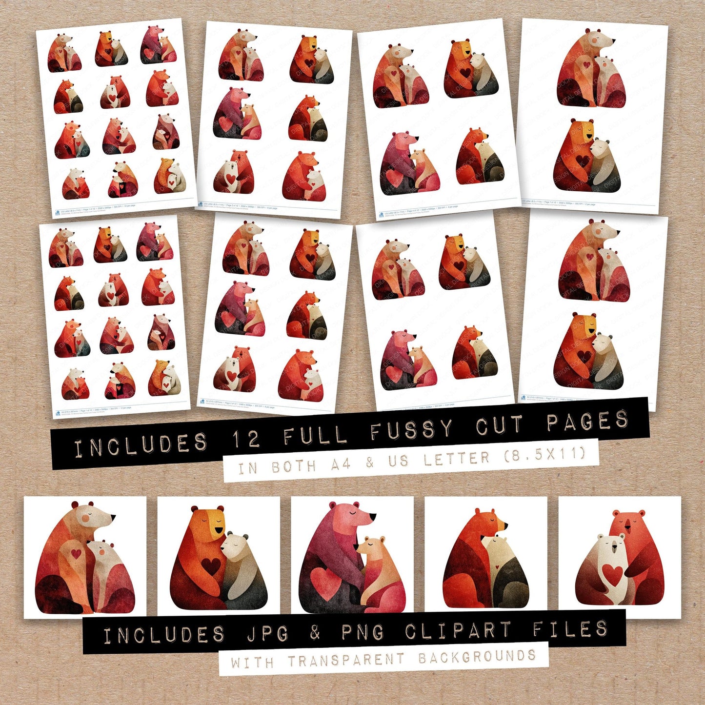 Full collection view of Minimal Bear Family Love fussy cut sheets with bonus clipart JPG and PNG files