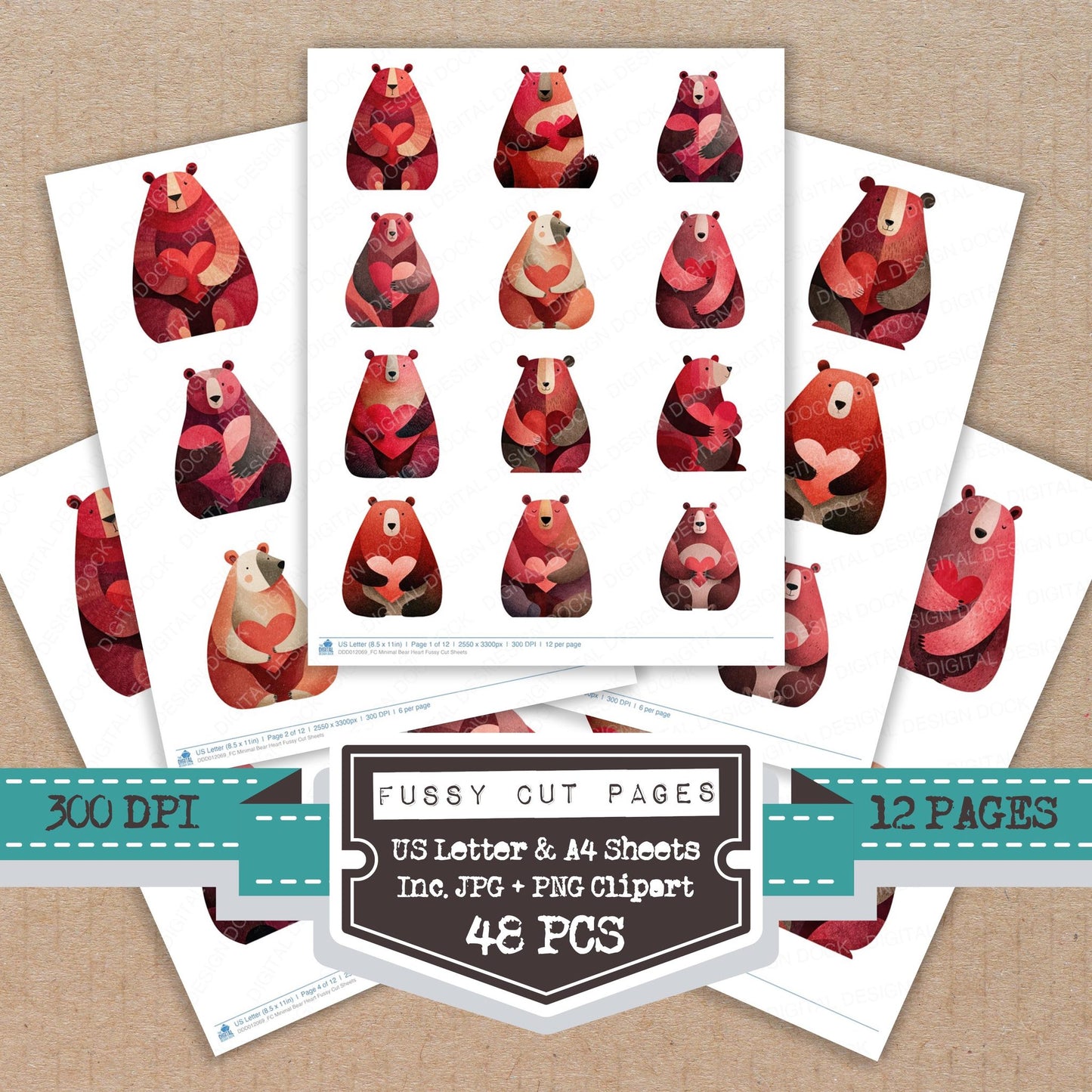 Minimal Bear Heart fussy cut printable sheets for junk journaling, scrapbooking, and paper craft projects