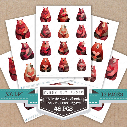 Minimal Bear Heart fussy cut printable sheets for junk journaling, scrapbooking, and paper craft projects