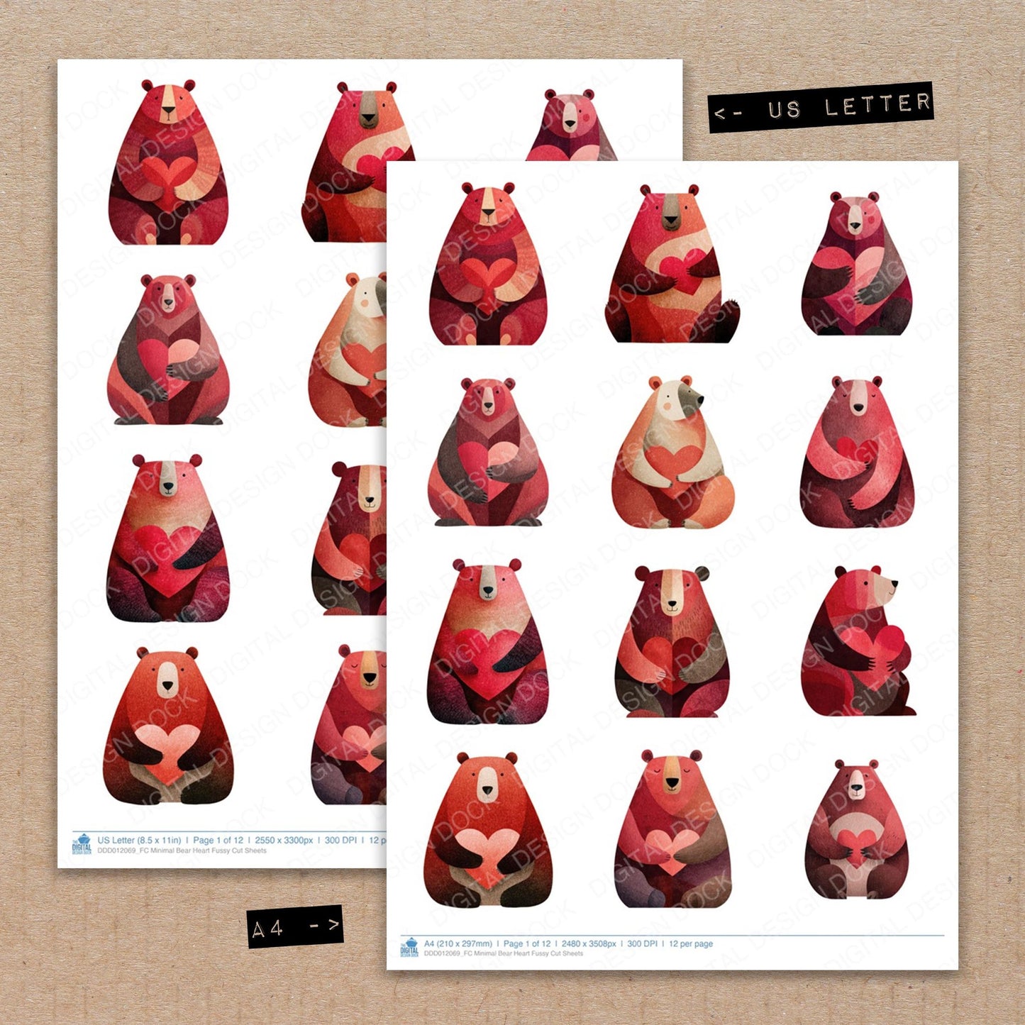 A4 and US Letter format comparison showing Minimal Bear Heart fussy cut pages for print and cut crafting