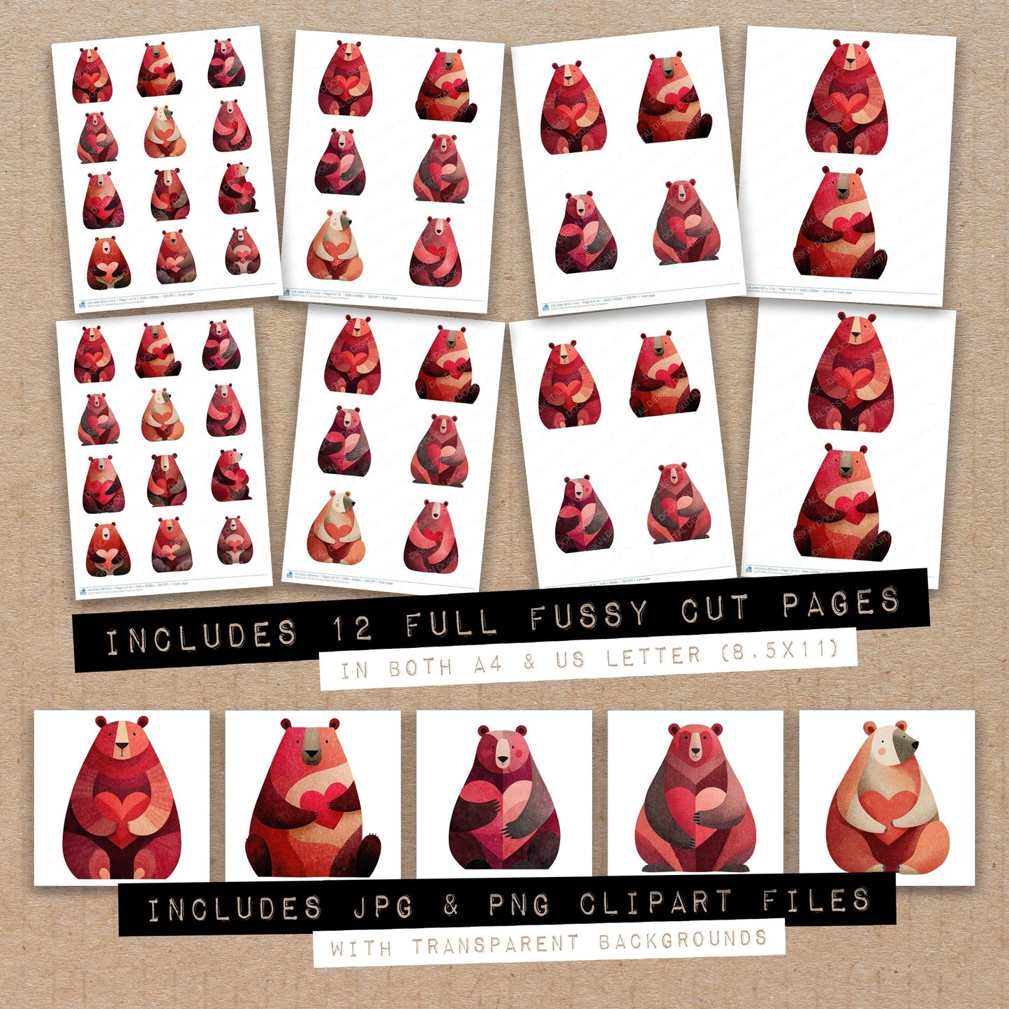 Full collection view of Minimal Bear Heart fussy cut sheets with bonus clipart JPG and PNG files