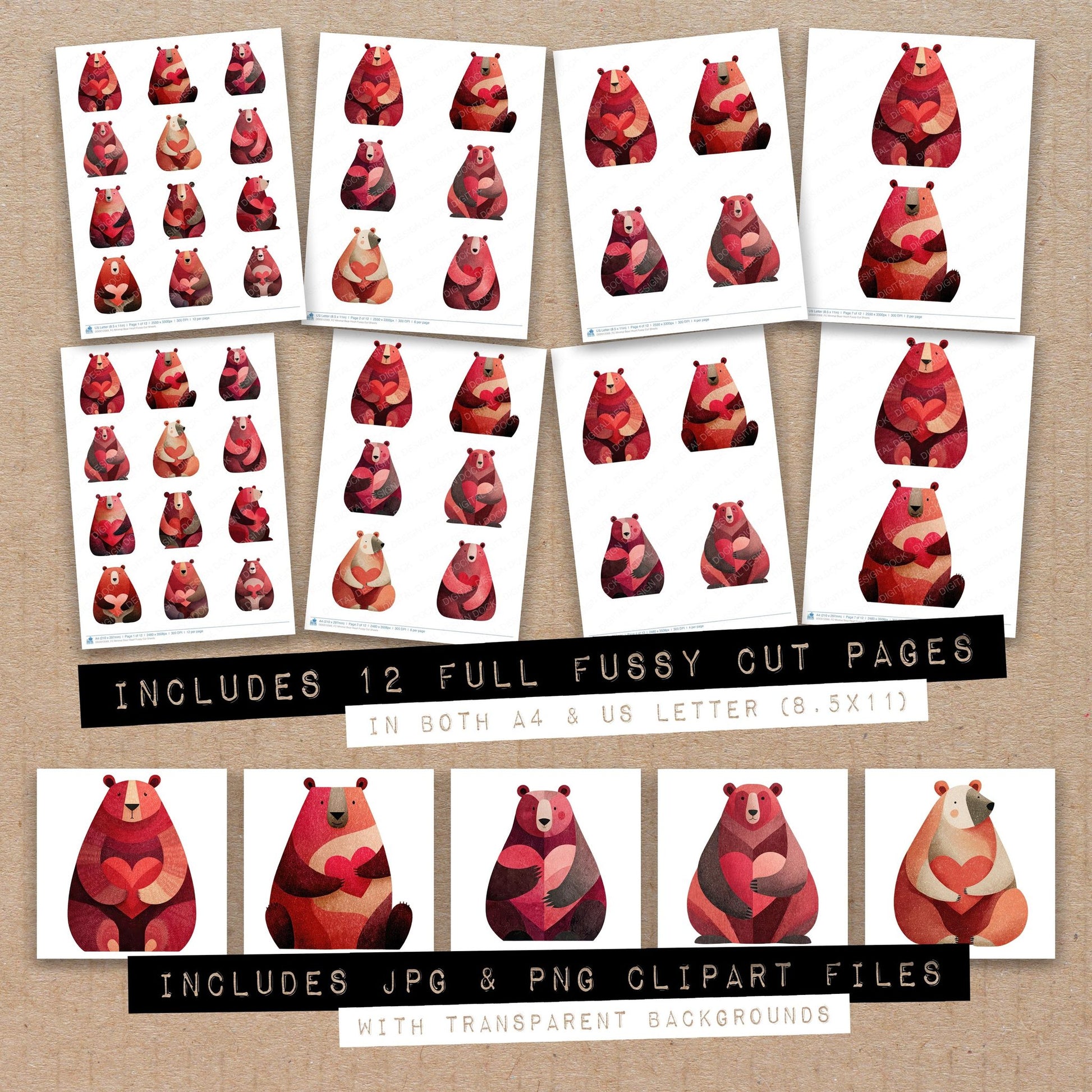 Full collection view of Minimal Bear Heart fussy cut sheets with bonus clipart JPG and PNG files