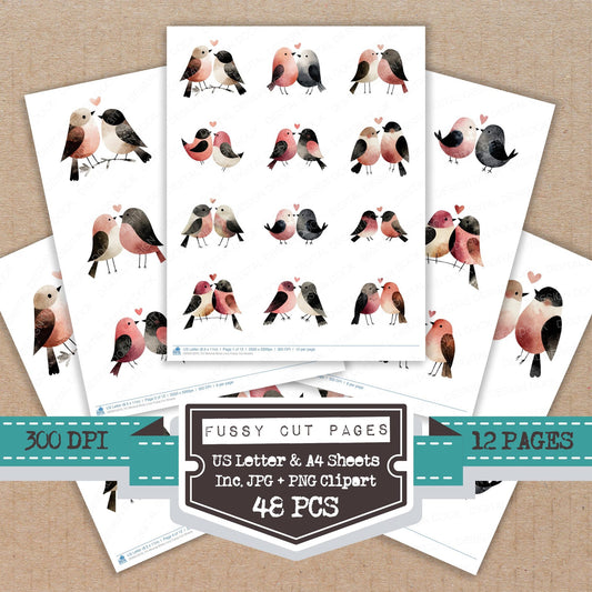Minimal Birds Love fussy cut printable sheets for junk journaling, scrapbooking, and paper craft projects