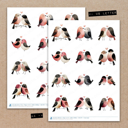 A4 and US Letter format comparison showing Minimal Birds Love fussy cut pages for print and cut crafting