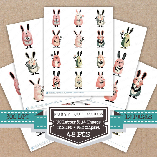 Minimal Bunny Rose fussy cut printable sheets for junk journaling, scrapbooking, and paper craft projects