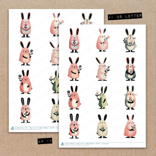 A4 and US Letter format comparison showing Minimal Bunny Rose fussy cut pages for print and cut crafting