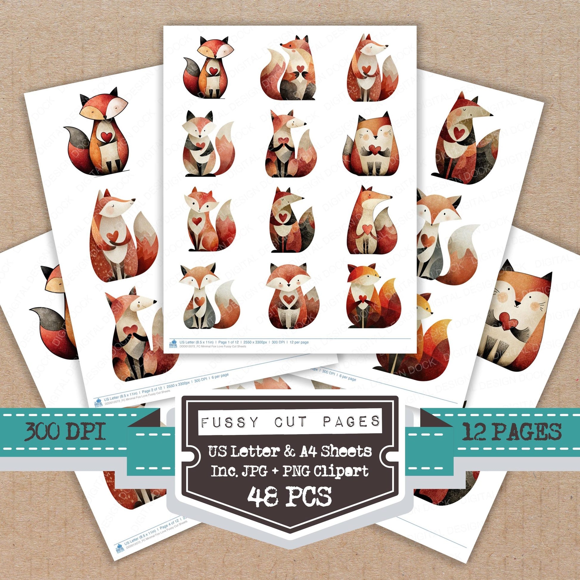 Minimal Fox Love fussy cut printable sheets for junk journaling, scrapbooking, and paper craft projects