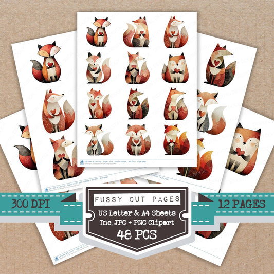 Minimal Fox Love fussy cut printable sheets for junk journaling, scrapbooking, and paper craft projects
