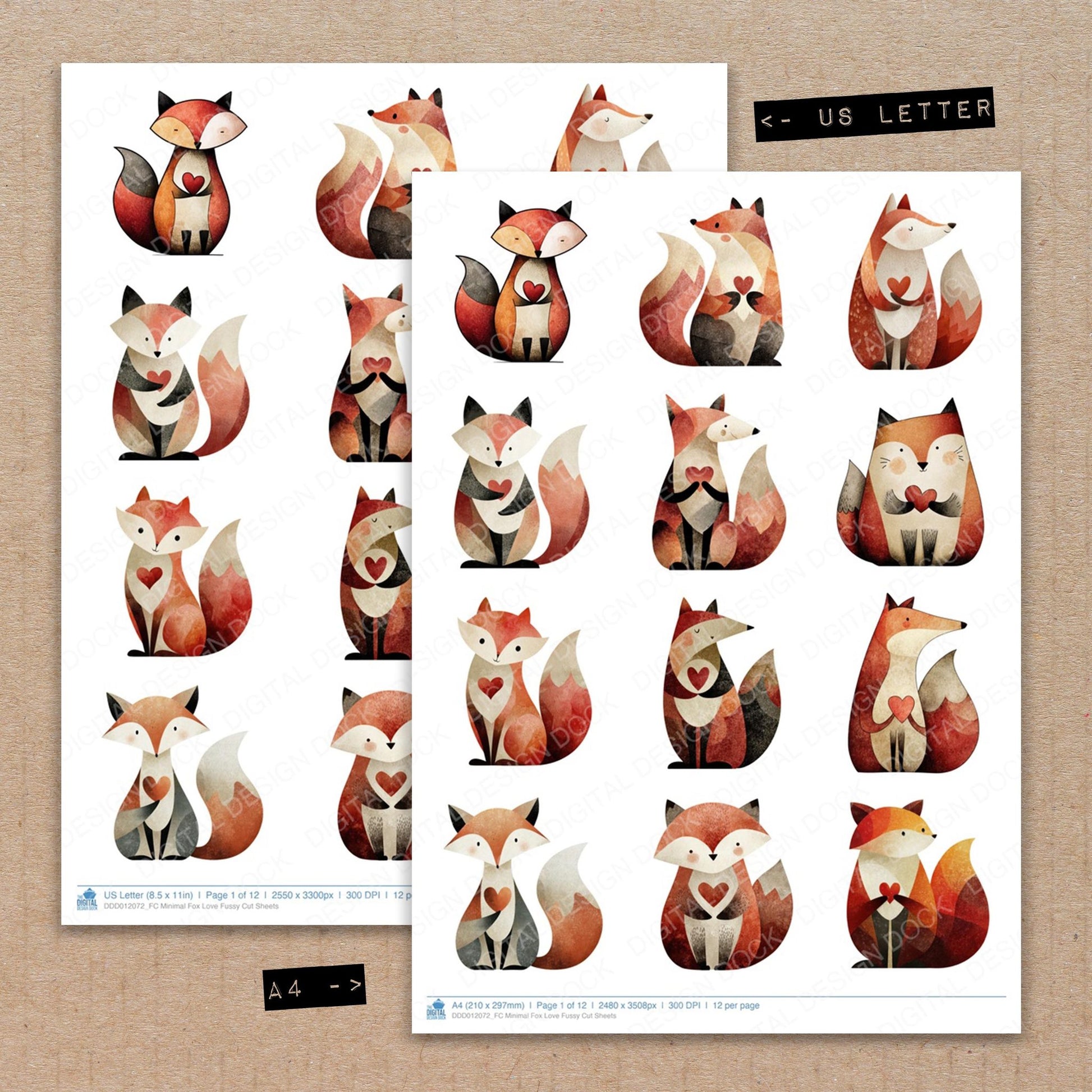 A4 and US Letter format comparison showing Minimal Fox Love fussy cut pages for print and cut crafting