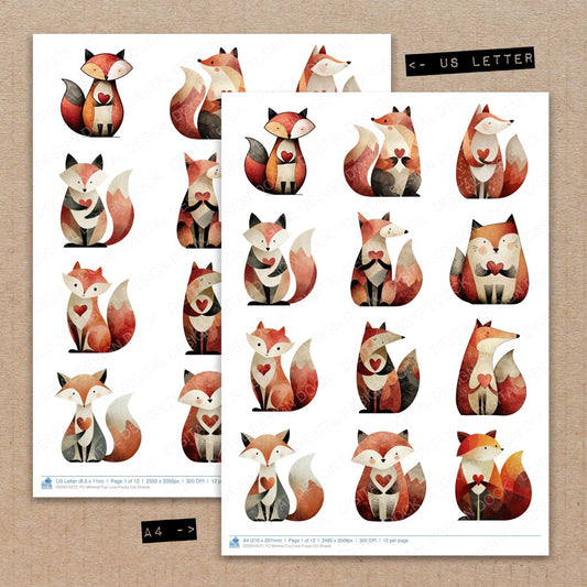 A4 and US Letter format comparison showing Minimal Fox Love fussy cut pages for print and cut crafting
